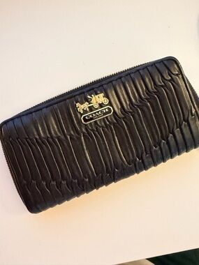 Coach Black Ruched Leather Ziparound Accordian Wallet